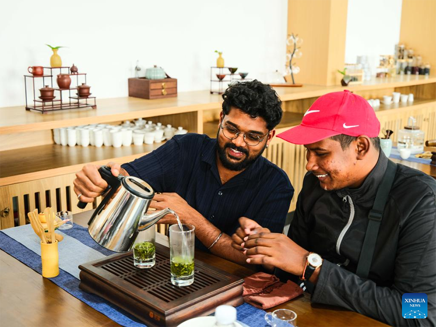 Pelajar dari Universiti Malaysia Sarawak (UNIMAS) belajar membuat teh di Kolej Vokasional dan Teknikal Universiti Pertanian Mongolia Dalam di Baotou, utara China, 9 Mei 2025. (Xinhua/Ma Jinrui)
