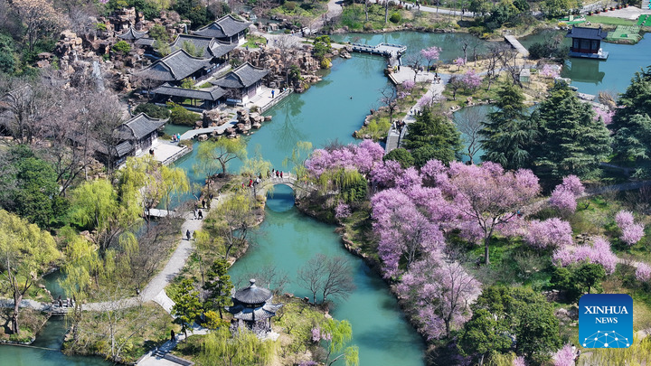 Foto udara bertarikh 19 Mac 2025 ini memaparkan pemandangan di kawasan peranginan Tasik Barat Langsing di Yangzhou, provinsi Jiangsu, timur China. (Qi Liguang/Xinhua)